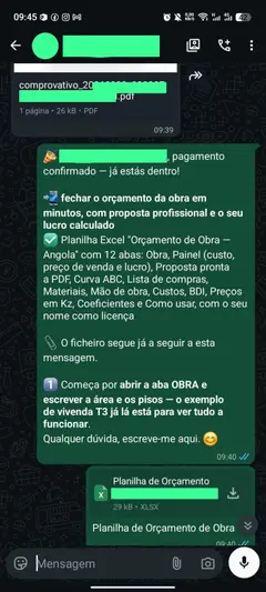 Cliente recebeu a planilha um minuto depois do comprovativo